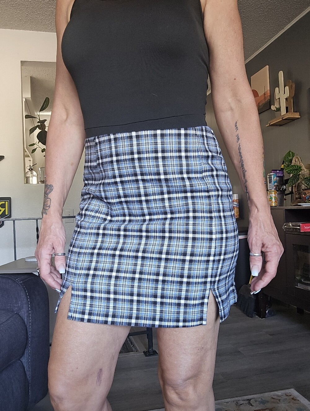 Love On A Hanger. Plaid Mini Skirt with Side Slits - Black/Blue